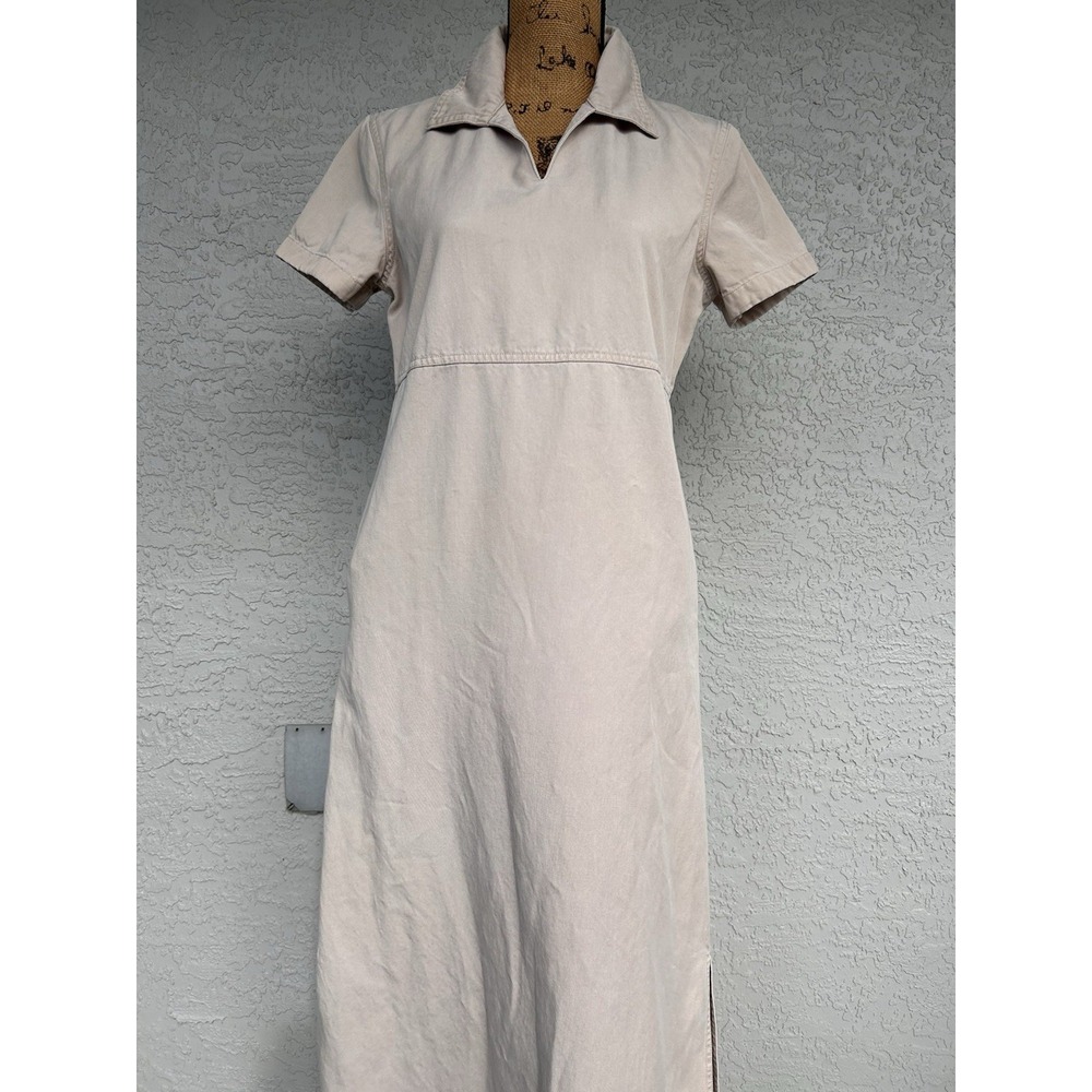 Susan Bristol Maxi Dress Khaki Denim Small Shift Pockets Minimalist Neutral - Picture 2 of 10